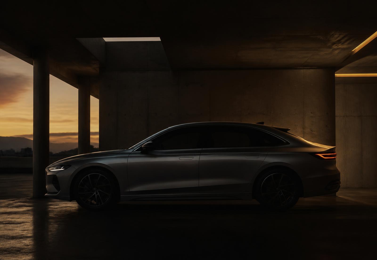 A modern sedan parked in a quiet concrete structure at dusk